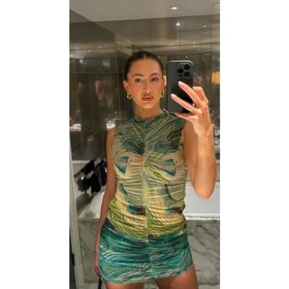 Zara Green Tie Dye Printed Ruched Tulle Bodycon Mini Dress Size Medium